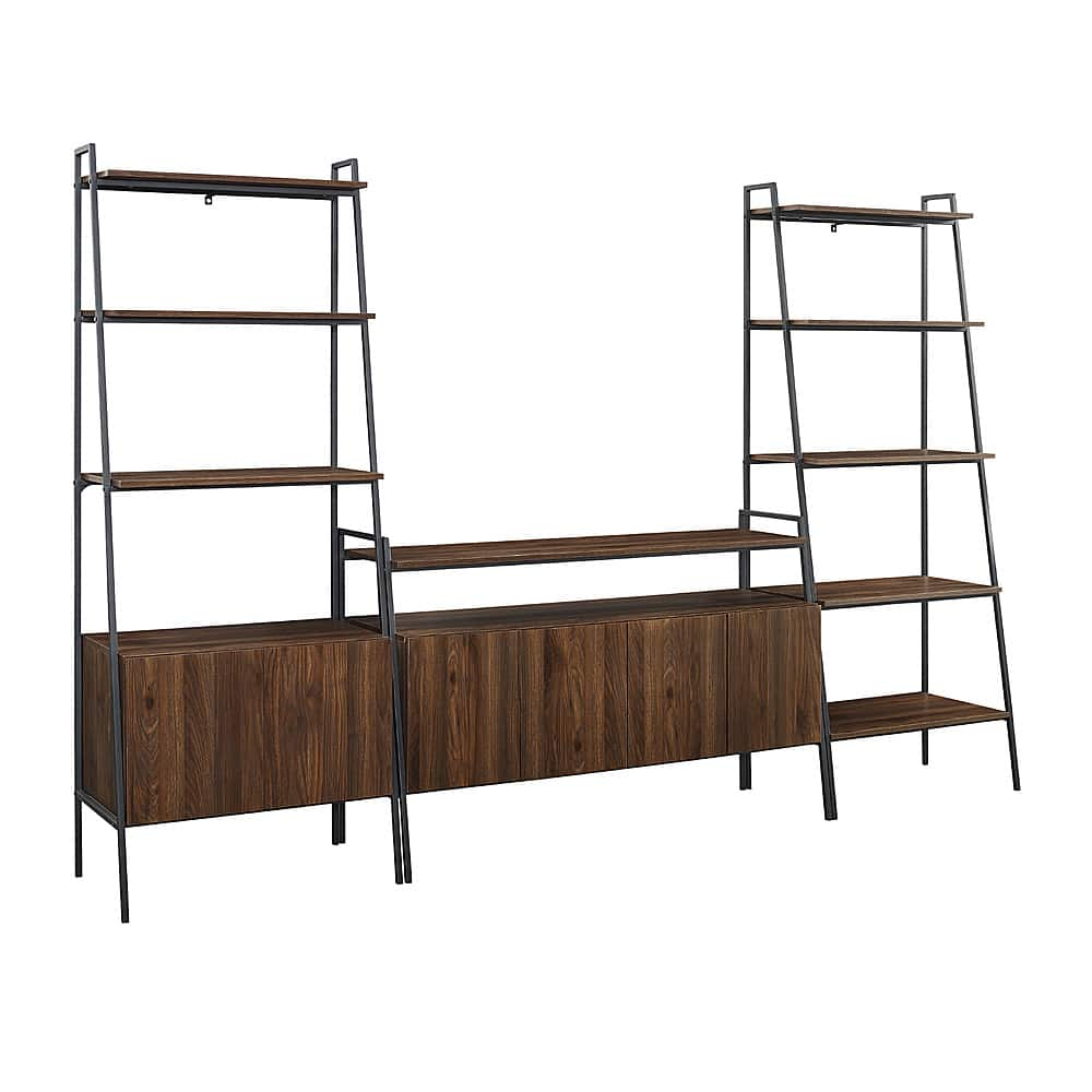 Left View: Walker Edison - 3 Piece Metal and Wood Ladder Wall Unit Set - Dark Walnut