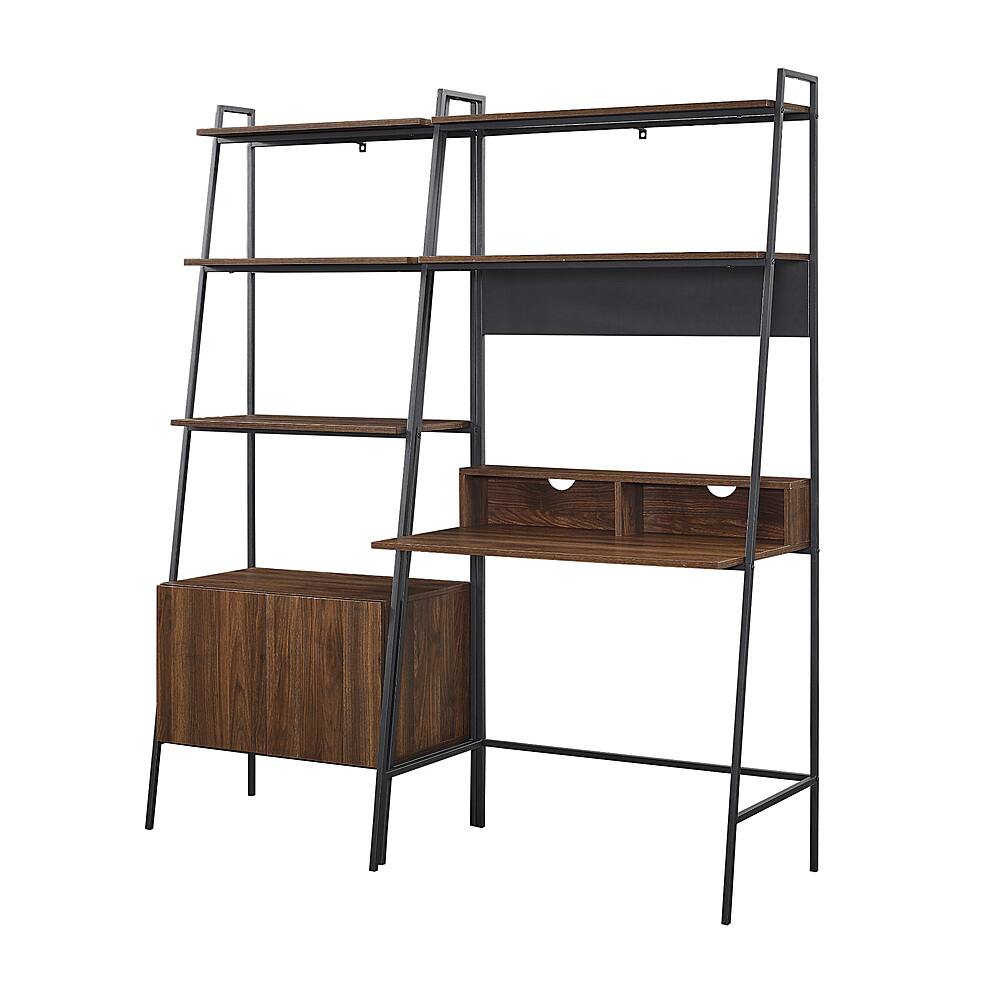 Left View: Walker Edison - 2 Piece Metal & Wood Ladder Desk and Storage Shelf - Dark Walnut