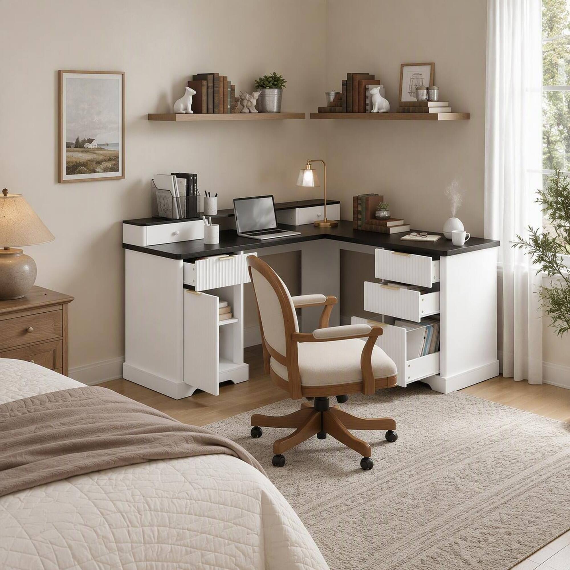 RYHNUYNE Modern Fluted L Shaped Desk, 59.45 MDF with Charging Station ...