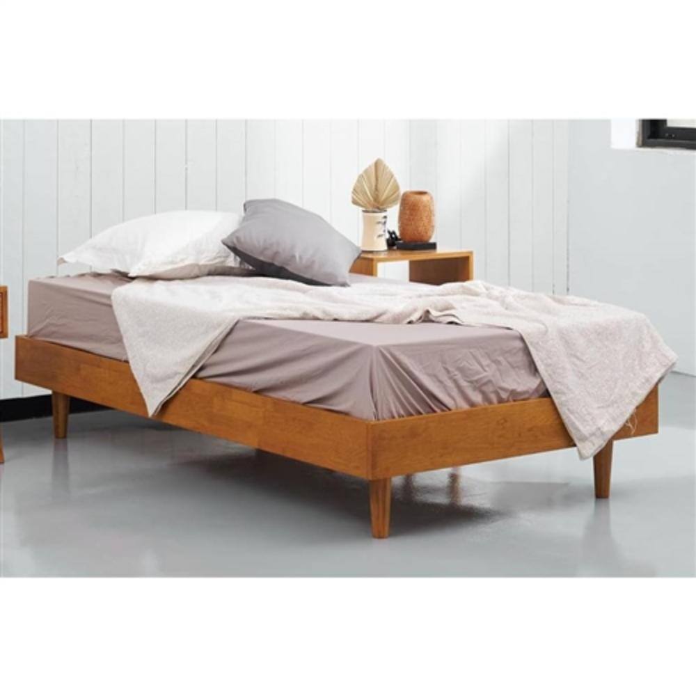Angle. Hivvago - Twin size Mid-Century Modern Platform Bed Frame in Light Wood Finish - Brown.
