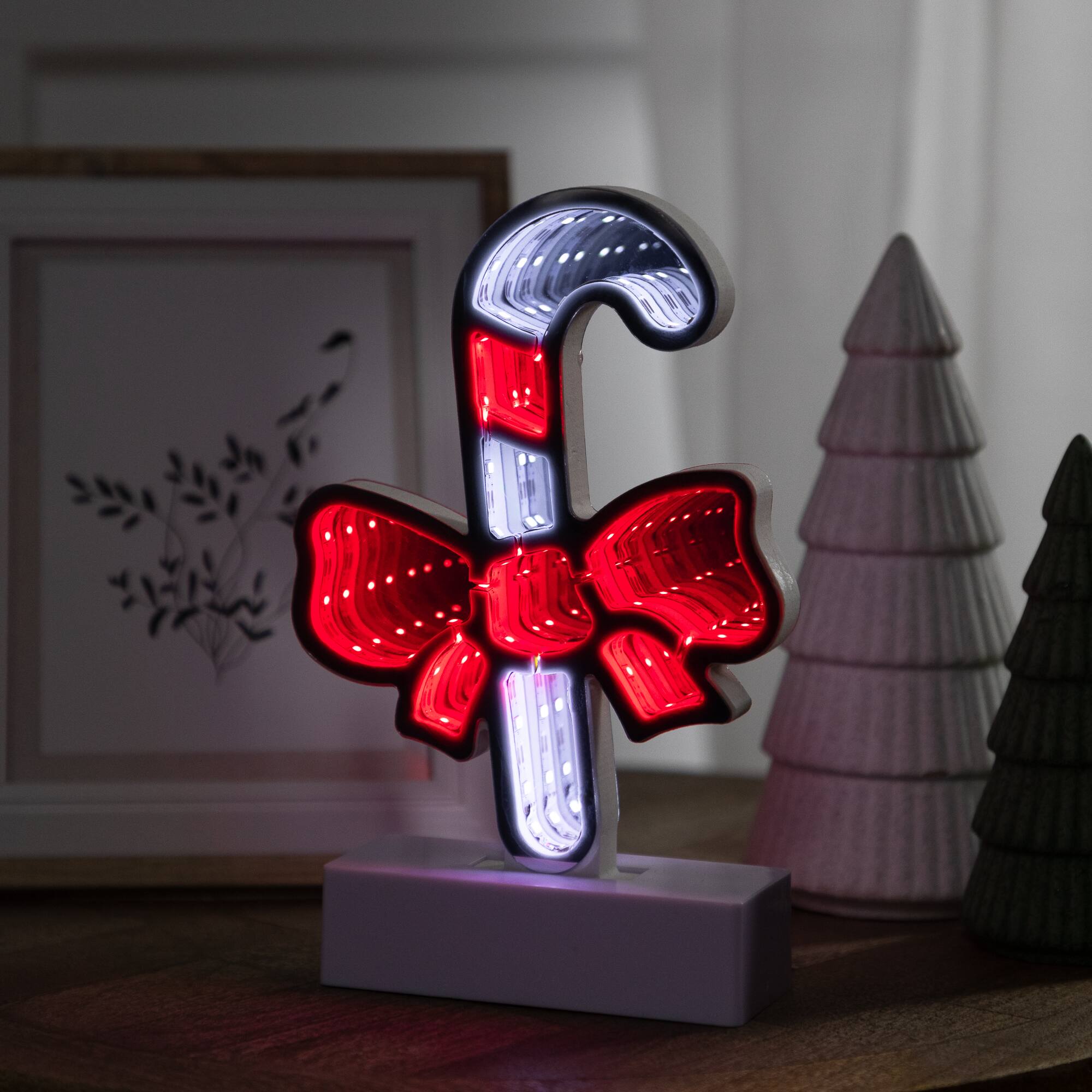 Front. Northlight - LED 3D Candy Cane with Bow Christmas Infinity Mirror - 8" - Red.