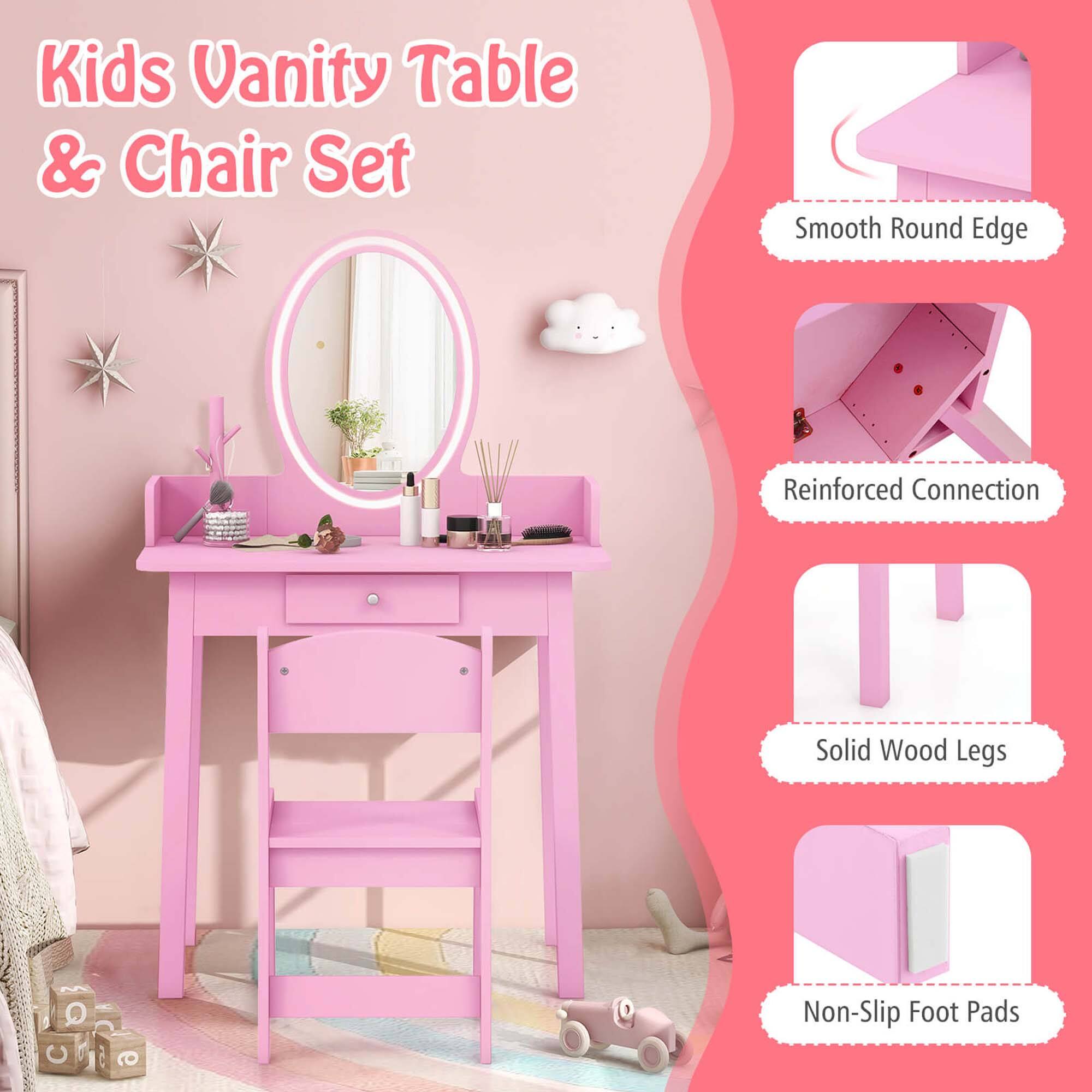 Kids Vanity Table & Chair Set

- Smooth Round Edge
- Reinforced Connection
- Solid Wood Legs
- Non-Slip Foot Pads