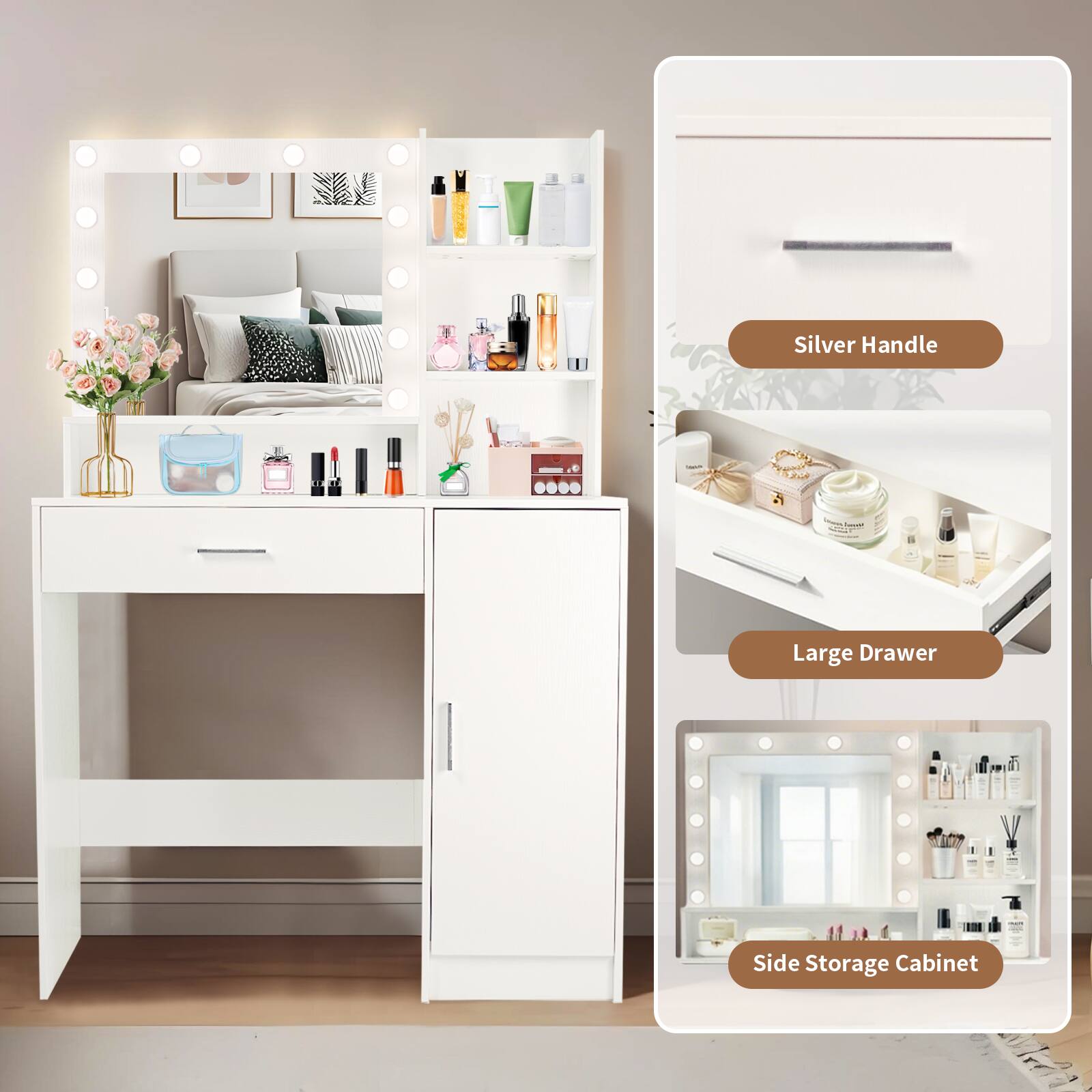 Silver Handle  
Large Drawer  
Side Storage Cabinet