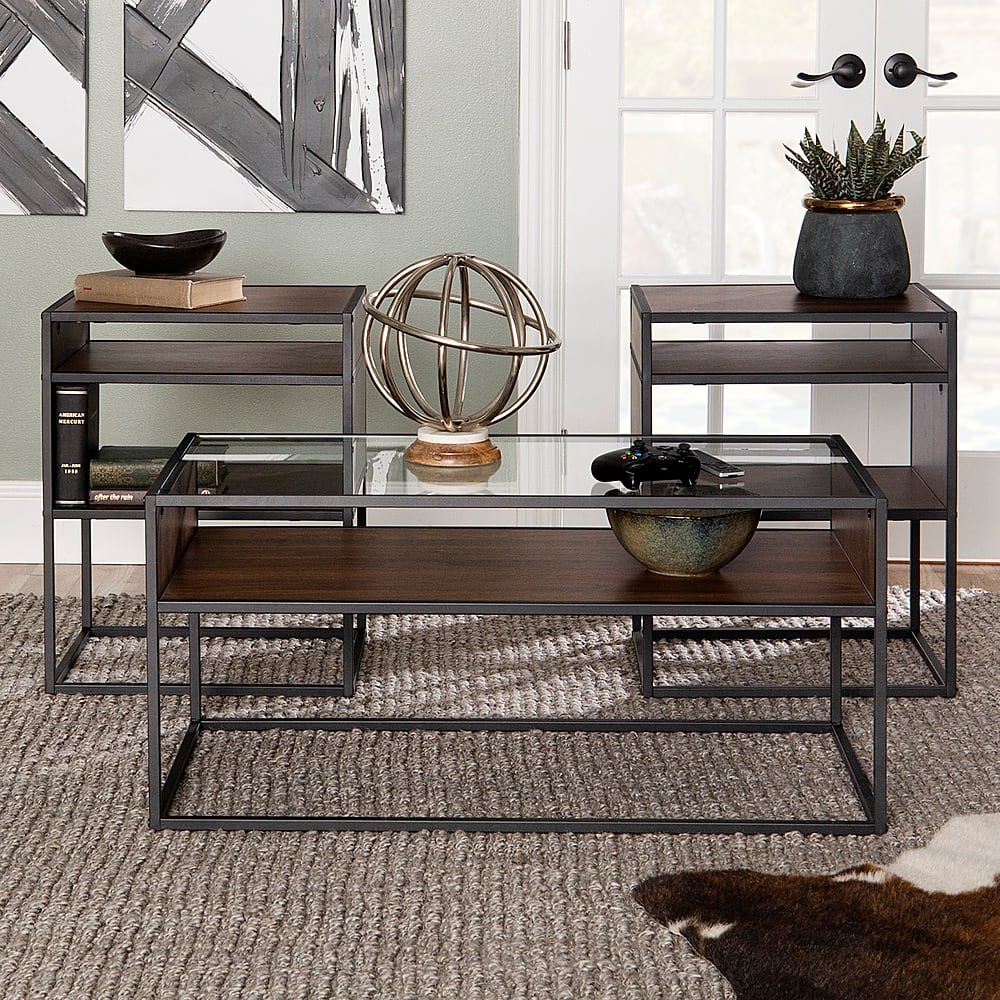 Walker Edison - 3-Piece Metal and Glass Accent Table Set - Dark Walnut