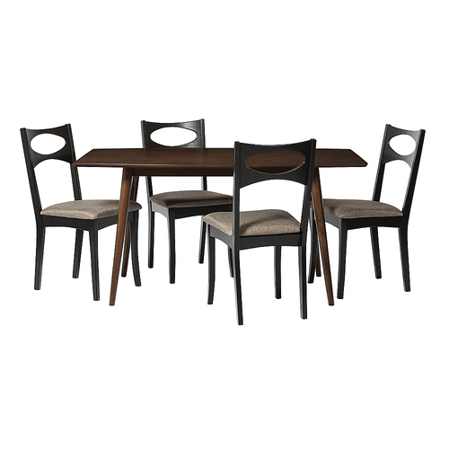 Walker Edison - 5 Piece Mid Century Modern Dining Table with Upholstered Dining Chairs - Walnut/Black