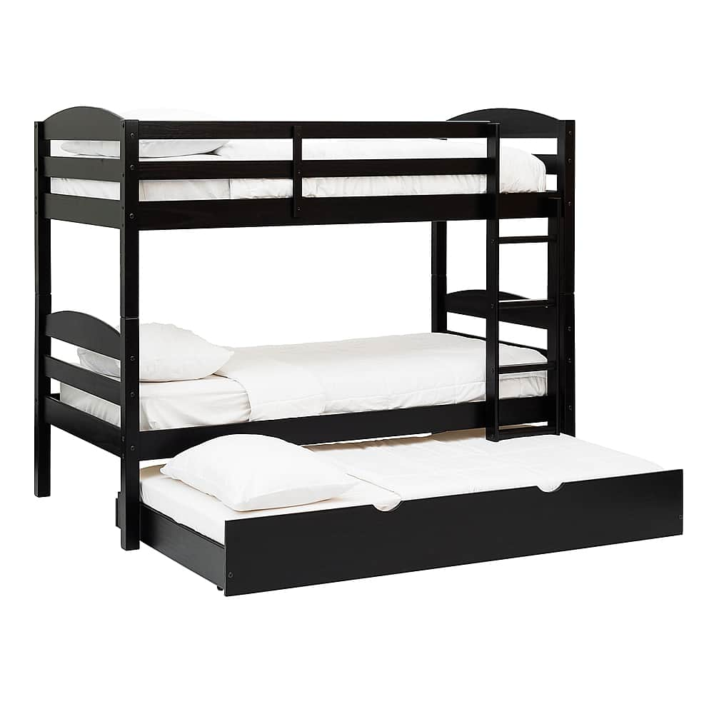 Left View: Walker Edison - Rustic Solid Wood Twin Over Twin Bunk with Trundle - Black