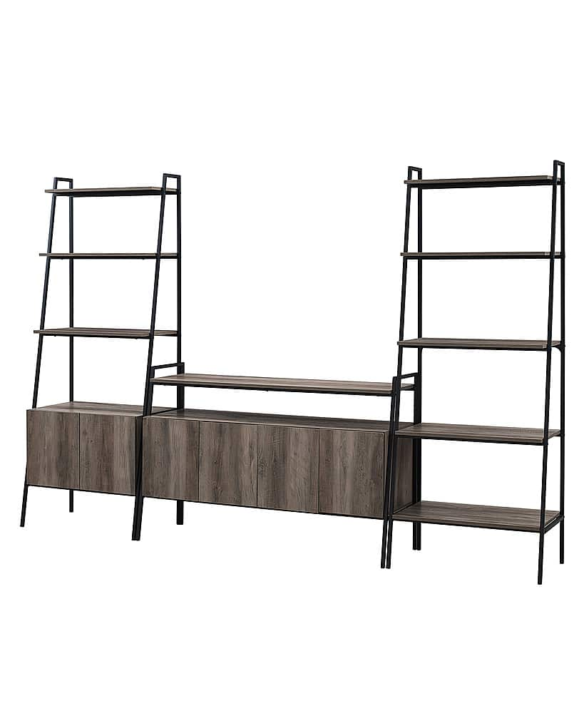 Left View: Walker Edison - 3-Piece Ladder Shelf Storage Entertainment Wall - Grey Wash