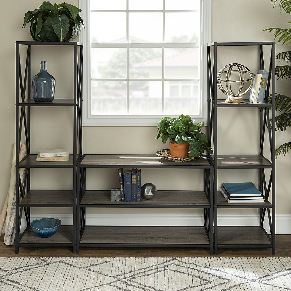 Walker Edison - 3-Piece Rustic Industrial Bookcase Set - Driftwood