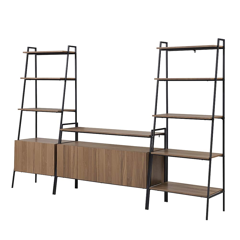 Left View: Walker Edison - 3-Piece Ladder Shelf Storage Entertainment Wall - Mocha