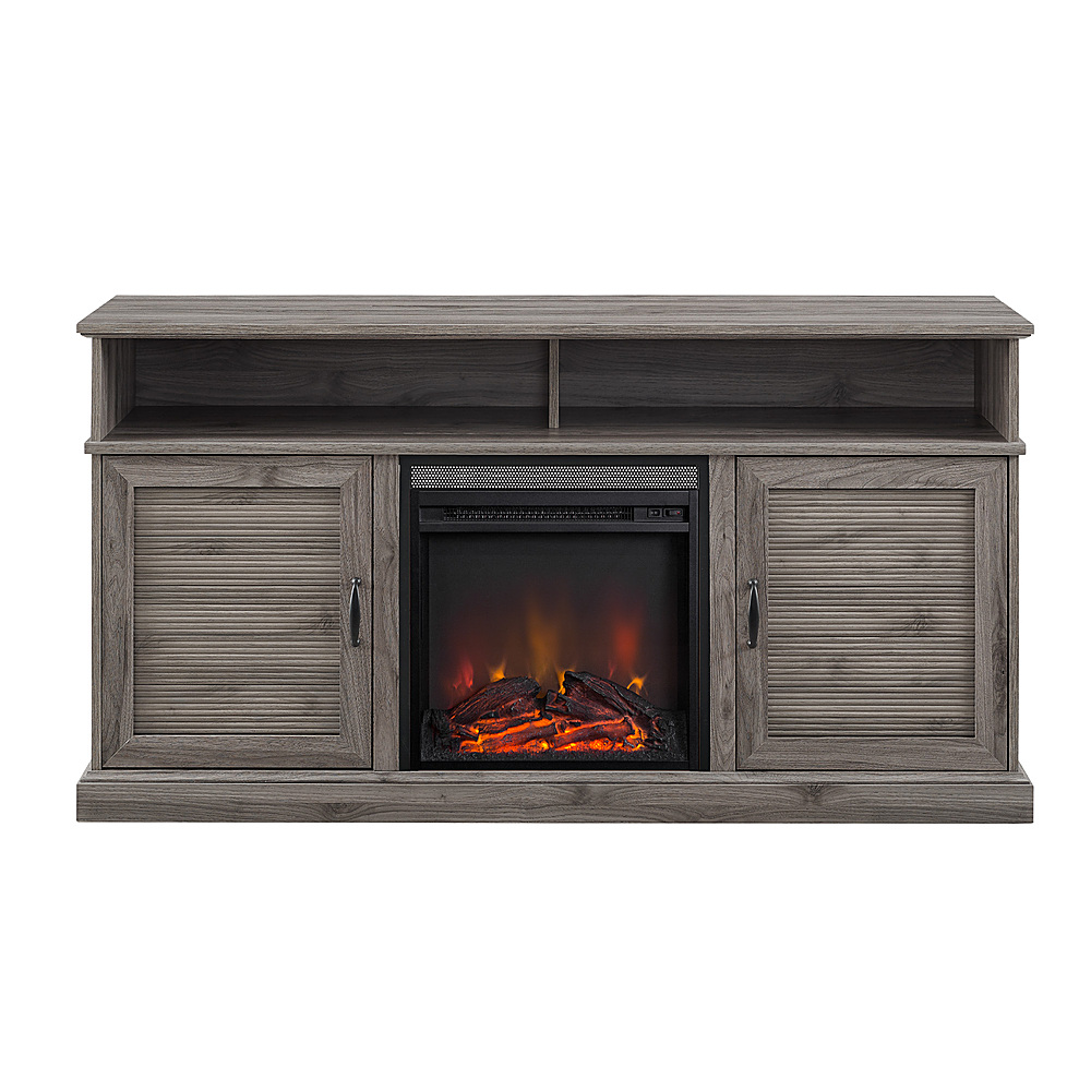 Left View: Walker Edison - Traditional Fluted Door Tall Soundbar Storage Fireplace TV Stand for Most TVs up to 65" - Slate Grey