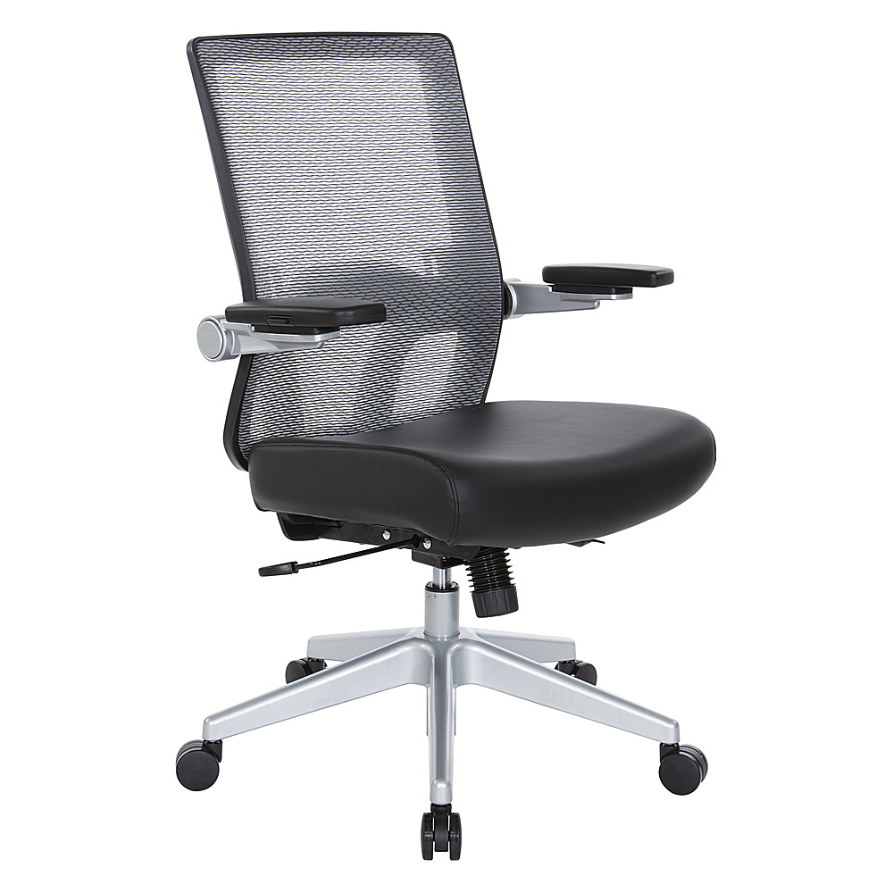 Angle View: Office Star Products - Manager's Chair with Breathable Mesh Back and Black Bonded Leather Padded Seat with a Silver Base. - Black / Silver