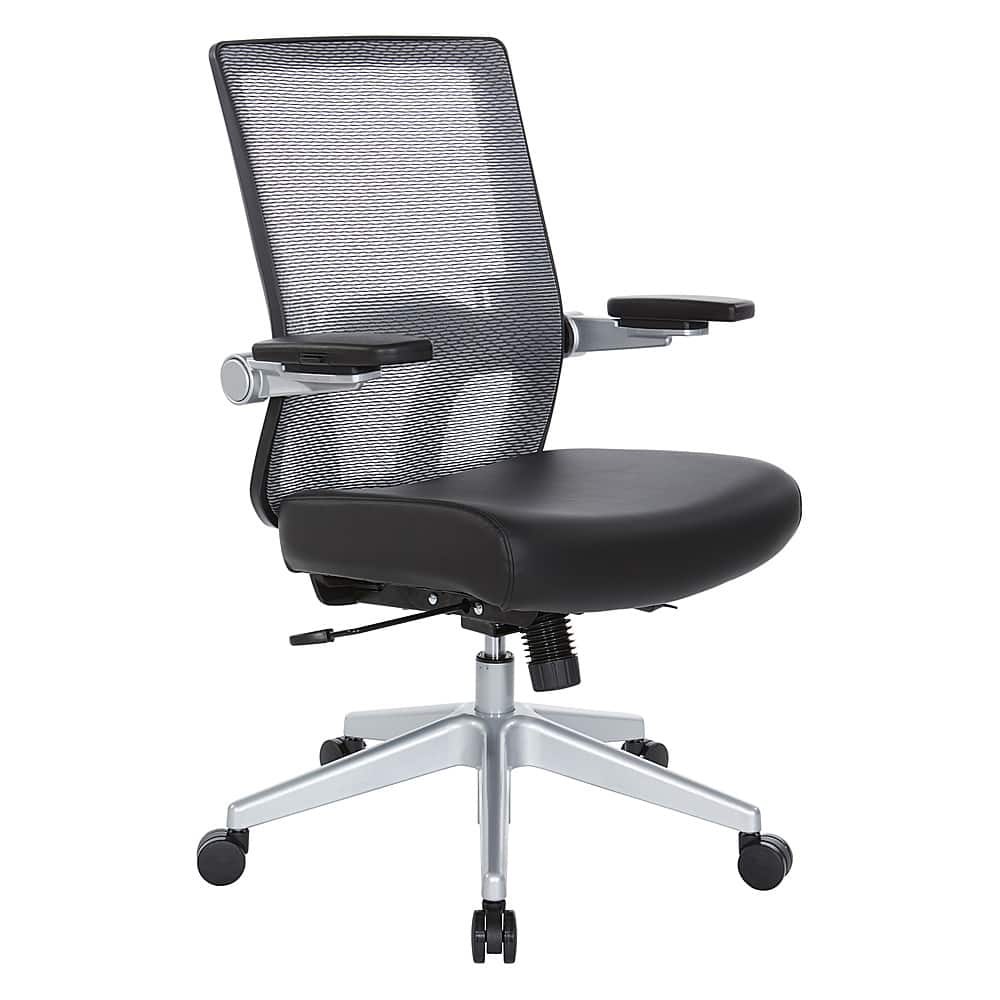 Office Star EM Series Bonded Leather Manager's Adjustable Office Desk Chair  with Thick Padded Seat and Built-in Lumbar Support, Black with Silver