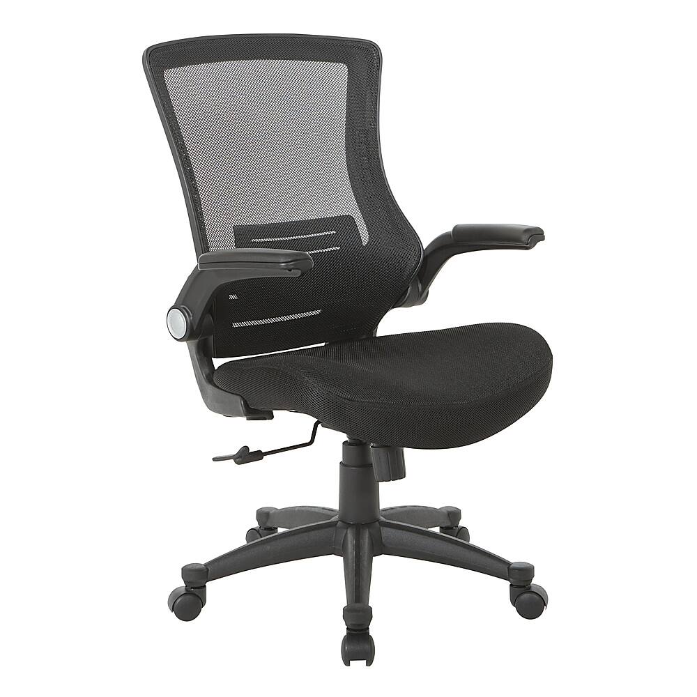 Angle. Office Star Products - Screen Back Manager's Chair in Black Mesh Seat with PU Padded Flip Arms with Silver Accents - Black.