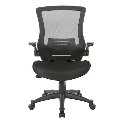 Front. Office Star Products - Screen Back Manager's Chair in Black Mesh Seat with PU Padded Flip Arms with Silver Accents - Black.