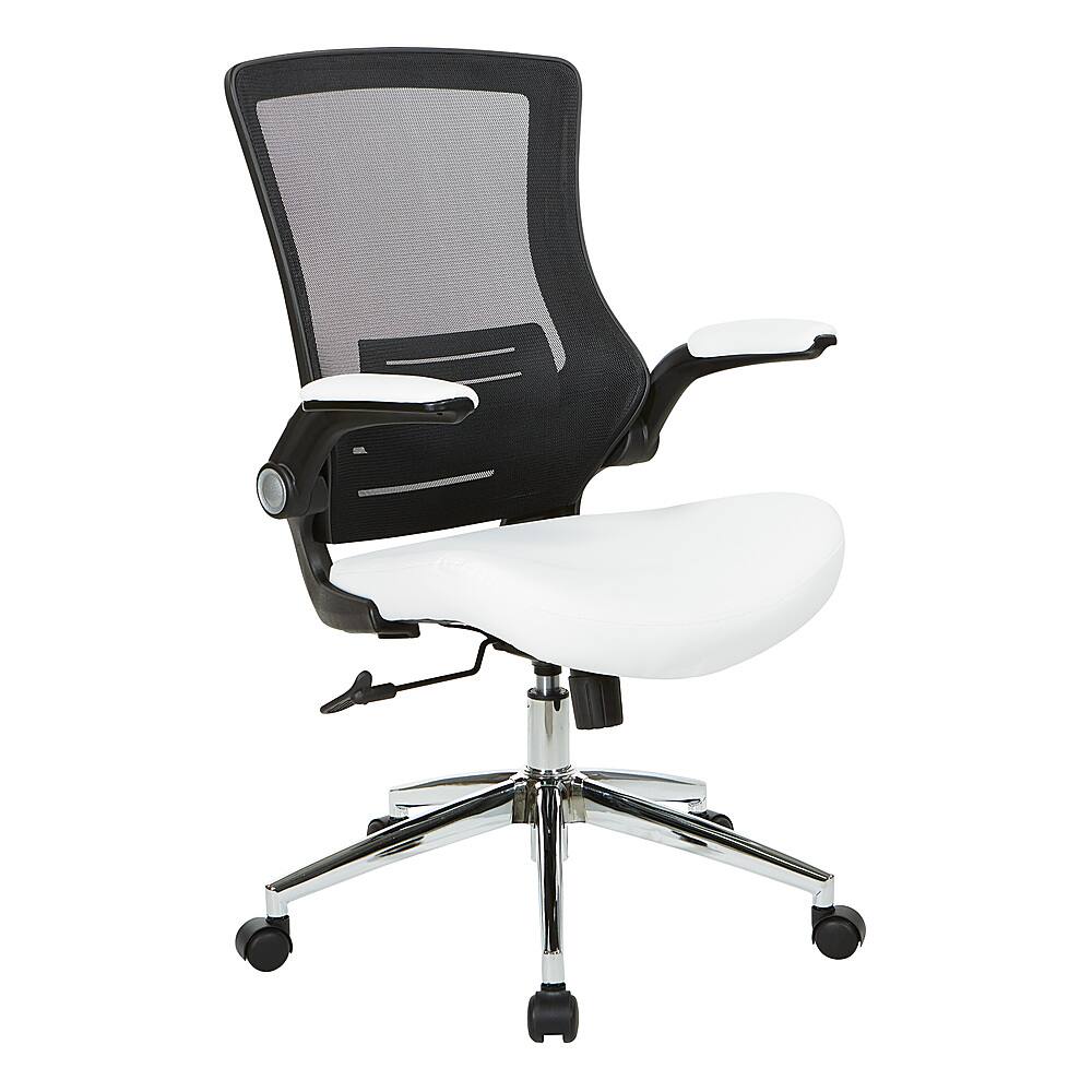 Angle View: Office Star Products - Black Screen Back Manager's Chair with Faux Leather Seat and Padded Flip Arms with Silver Accents - White