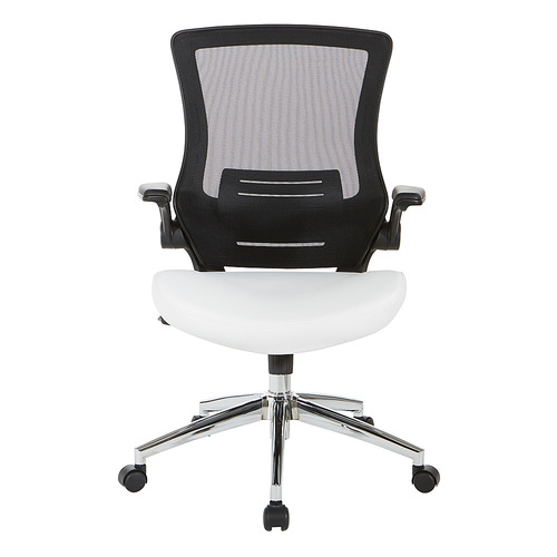 Office Star Products - Black Screen Back Manager's Chair with Faux Leather Seat and Padded PU Flip Arms with Silver Accents - White