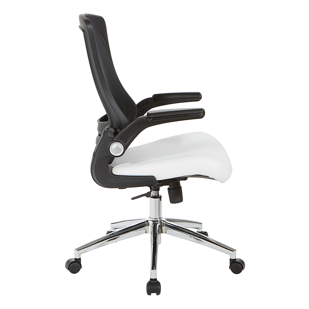 Left View: Office Star Products - Black Screen Back Manager's Chair with Faux Leather Seat and Padded PU Flip Arms with Silver Accents - White