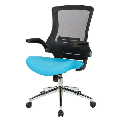 Office Star Products - Black Screen Back Manager's Chair with Faux Leather Seat and Padded PU Flip Arms with Silver Accents - Blue
