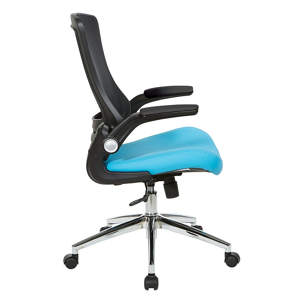 Left View: Office Star Products - Black Screen Back Manager's Chair with Faux Leather Seat and Padded PU Flip Arms with Silver Accents - Blue