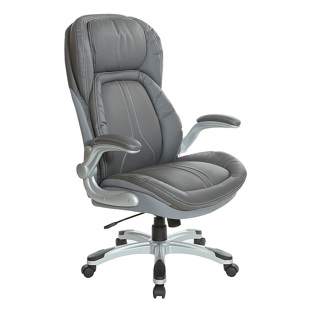 Angle View: Office Star Products - Bonded Leather Executive Chair with Padded Flip Arms and Silver Base - Grey
