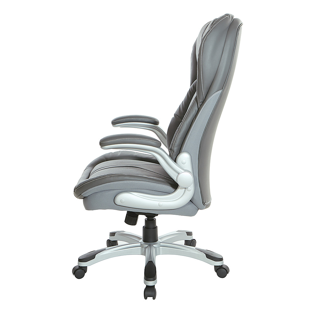 Left View: Office Star Products - Bonded Leather Executive Chair with Padded Flip Arms and Silver Base - Grey