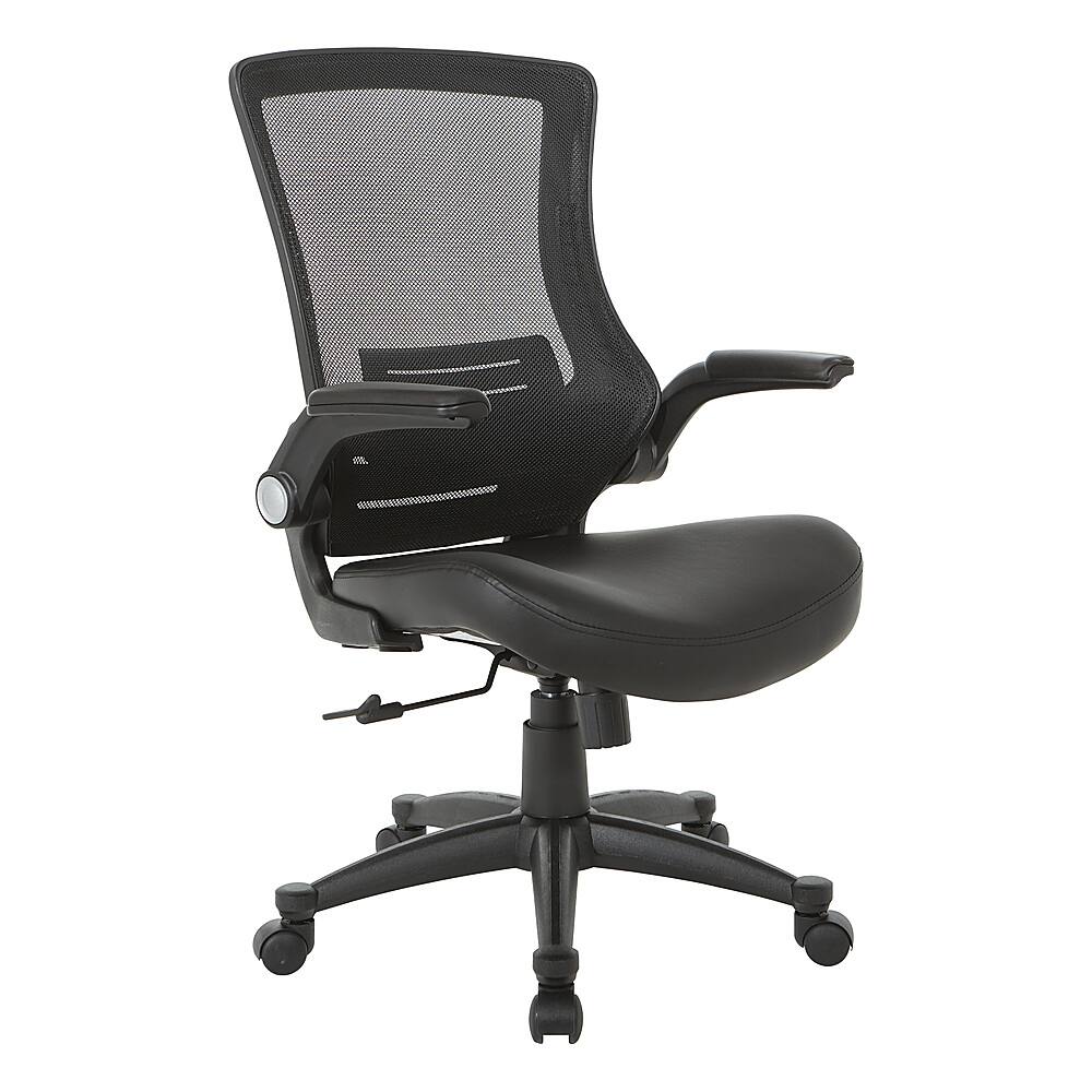 Angle. Office Star Products - Screen Back Manager's Chair in Black Faux Leather Seat with PU Padded Flip Arms with Silver Accents - Black.