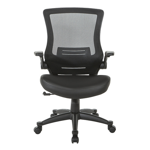 Office Star Products - Screen Back Manager's Chair in Faux Leather Seat with PU Padded Flip Arms with Silver Accents - Black