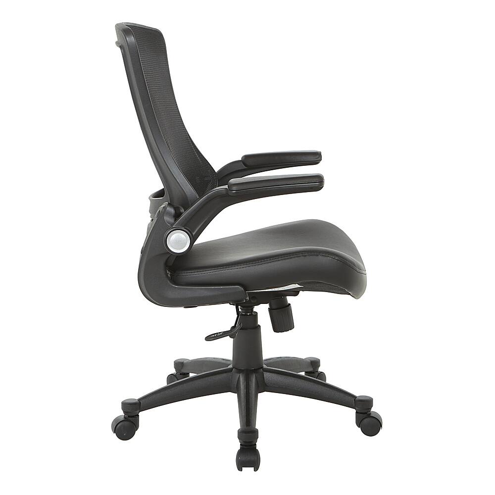 Left. Office Star Products - Screen Back Manager's Chair in Black Faux Leather Seat with PU Padded Flip Arms with Silver Accents - Black.