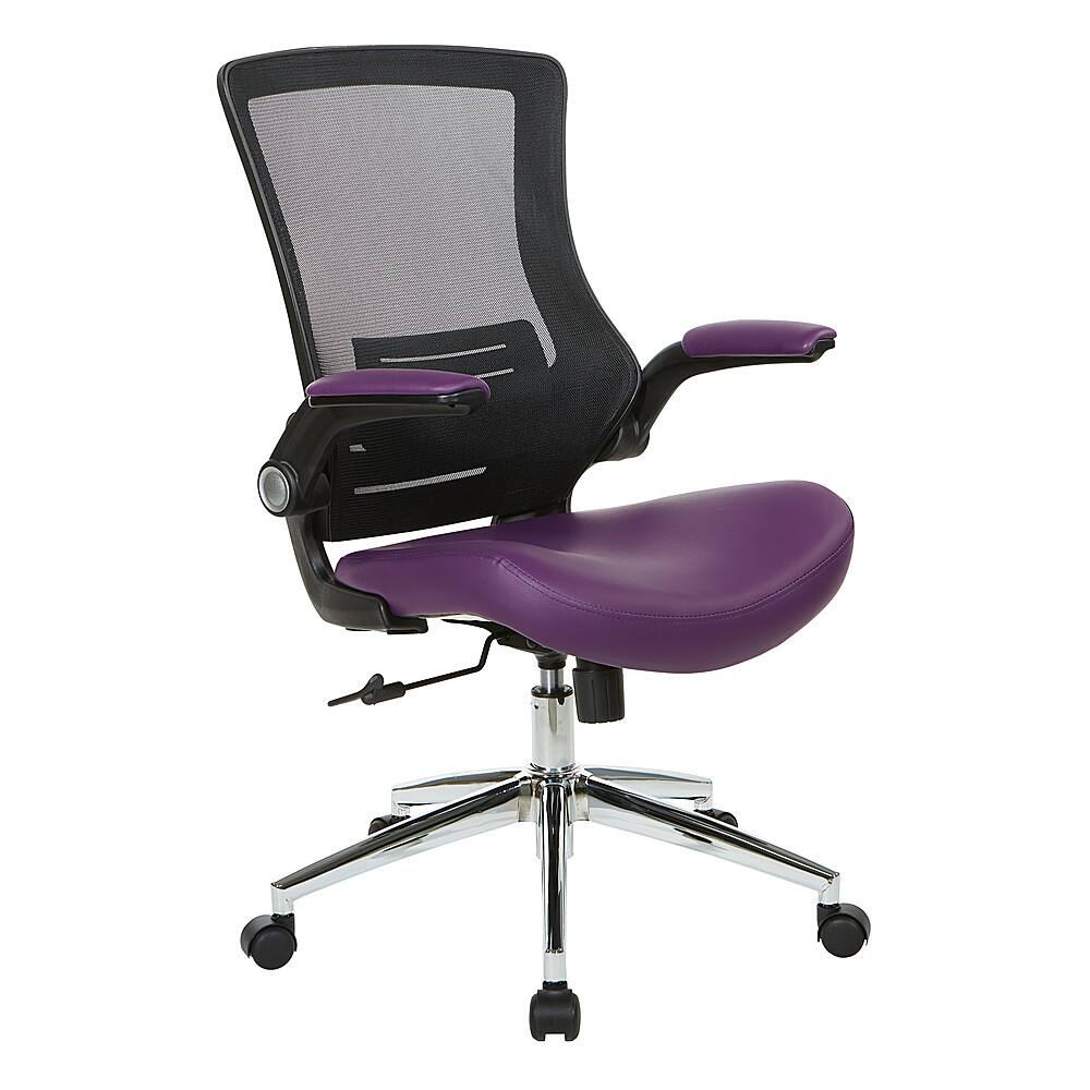 Angle. Office Star Products - Black Screen Back Manager's Chair with Purple Faux Leather Seat and Padded Flip Arms with Silver Accents - Purple.