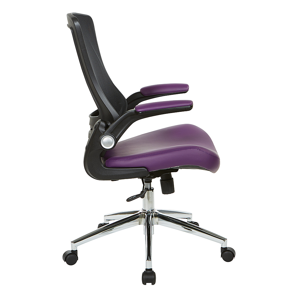 Left View: Office Star Products - Black Screen Back Manager's Chair with Faux Leather Seat and Padded Flip Arms with Silver Accents - Purple