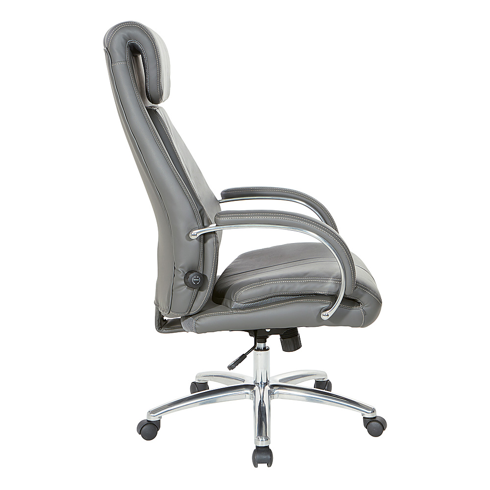 Left View: Office Star Products - Bonded Leather Executive Chair with Padded Polished Aluminum Arms and Chrome Base - Grey