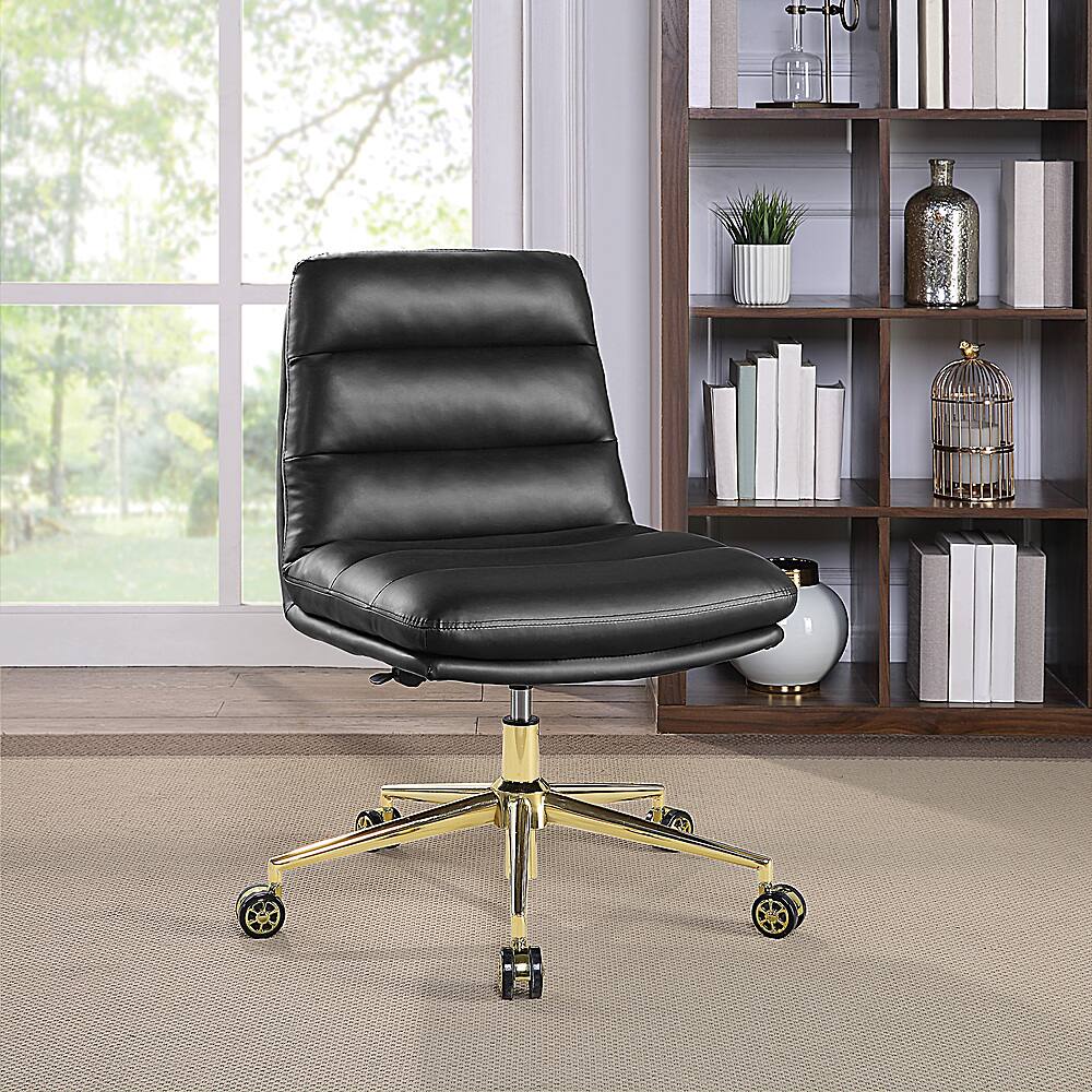 Left View: OSP Home Furnishings - Legacy Office Chair in Deluxe Faux Leather with Gold Base - Black