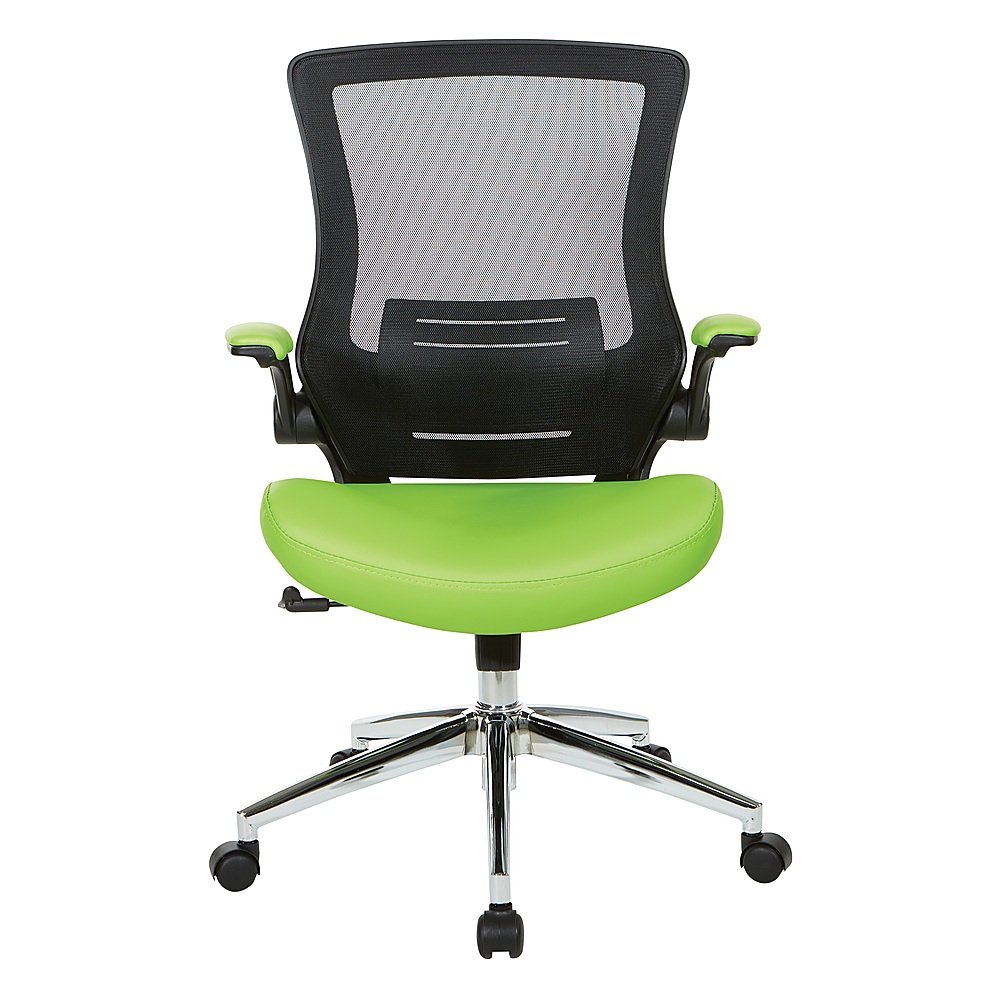 Office Star Products - Black Screen Back Manager's Chair with Faux Leather Seat and Padded Flip Arms with Silver Accents