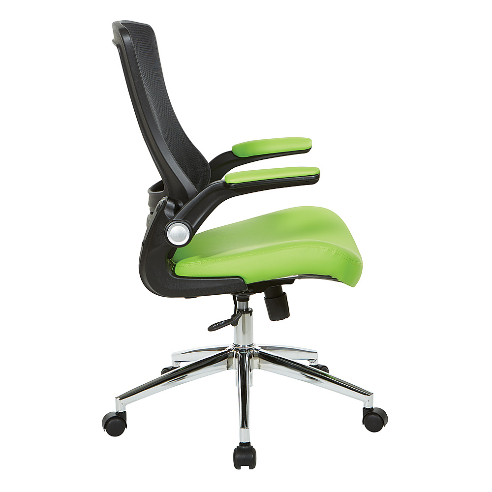Left View: Office Star Products - Black Screen Back Manager's Chair with Faux Leather Seat and Padded Flip Arms with Silver Accents - Green