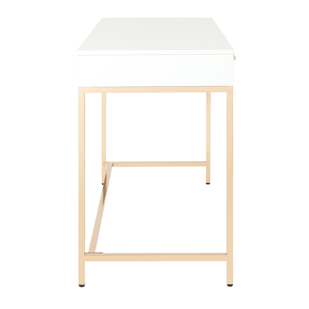 Left View: OSP Home Furnishings - Alios Desk with White Gloss Finish and Gold Chrome Plated Base - White/Gold