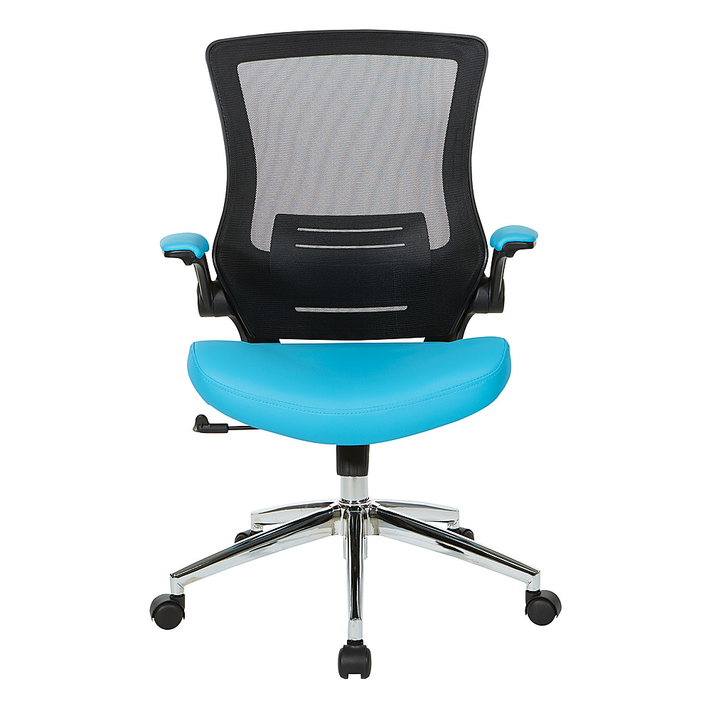 Blue Faux Leather Office Star Black Screen Back Manager's Office Chair with Padded Flip Arms with Angled Chrome Base