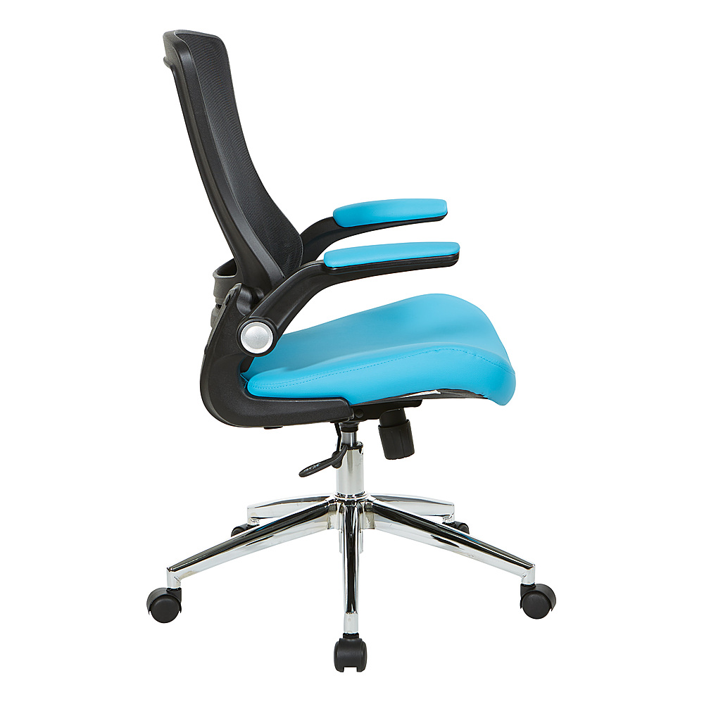 Left View: Office Star Products - Black Screen Back Manager's Chair with Faux Leather Seat and Padded Flip Arms with Silver Accents - Blue