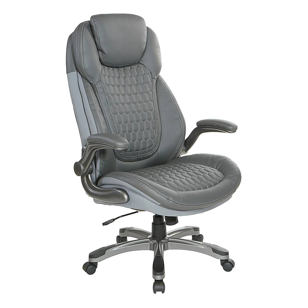 Angle. Office Star Products - Executive High Back Chair with Grey Bonded Leather and Flip Arms - Grey.