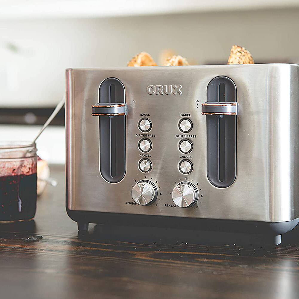 Silver CRUX 4-Slice Extra Wide Slot Stainless Steel Toaster with 6 Shade Setting Control