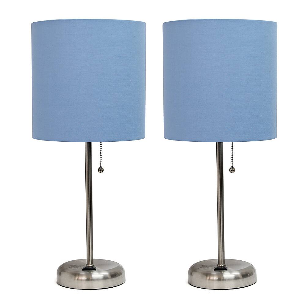 Angle View: Limelights - Brushed Steel Stick Lamp with Charging Outlet and Fabric Shade 2 Pack Set - Blue