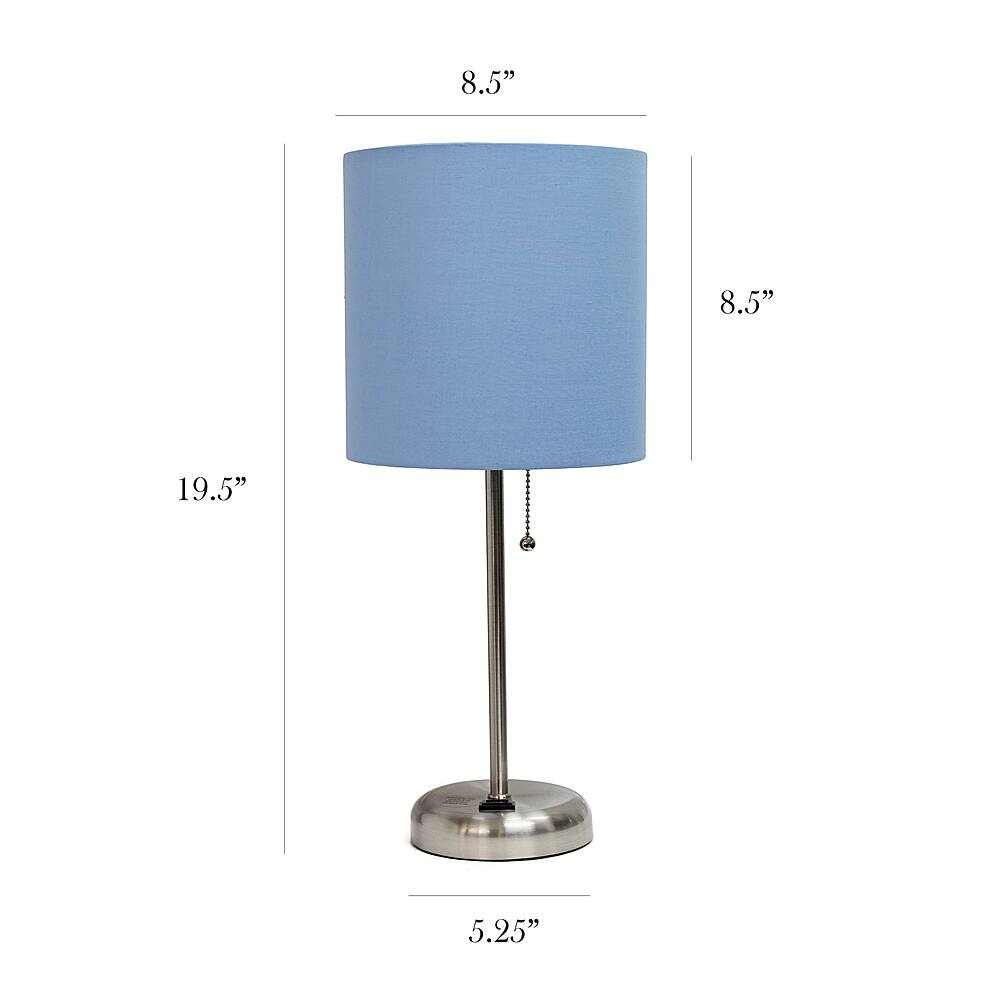 Left View: Limelights - Brushed Steel Stick Lamp with Charging Outlet and Fabric Shade 2 Pack Set - Blue