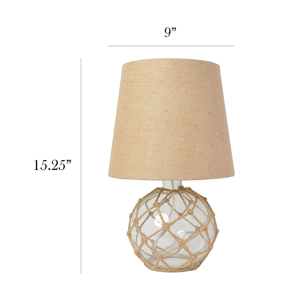 Left View: Elegant Designs Buoy Rope Nautical Netted Coastal Ocean Sea Glass Table Lamp with Burlap Fabric Shade, Clear