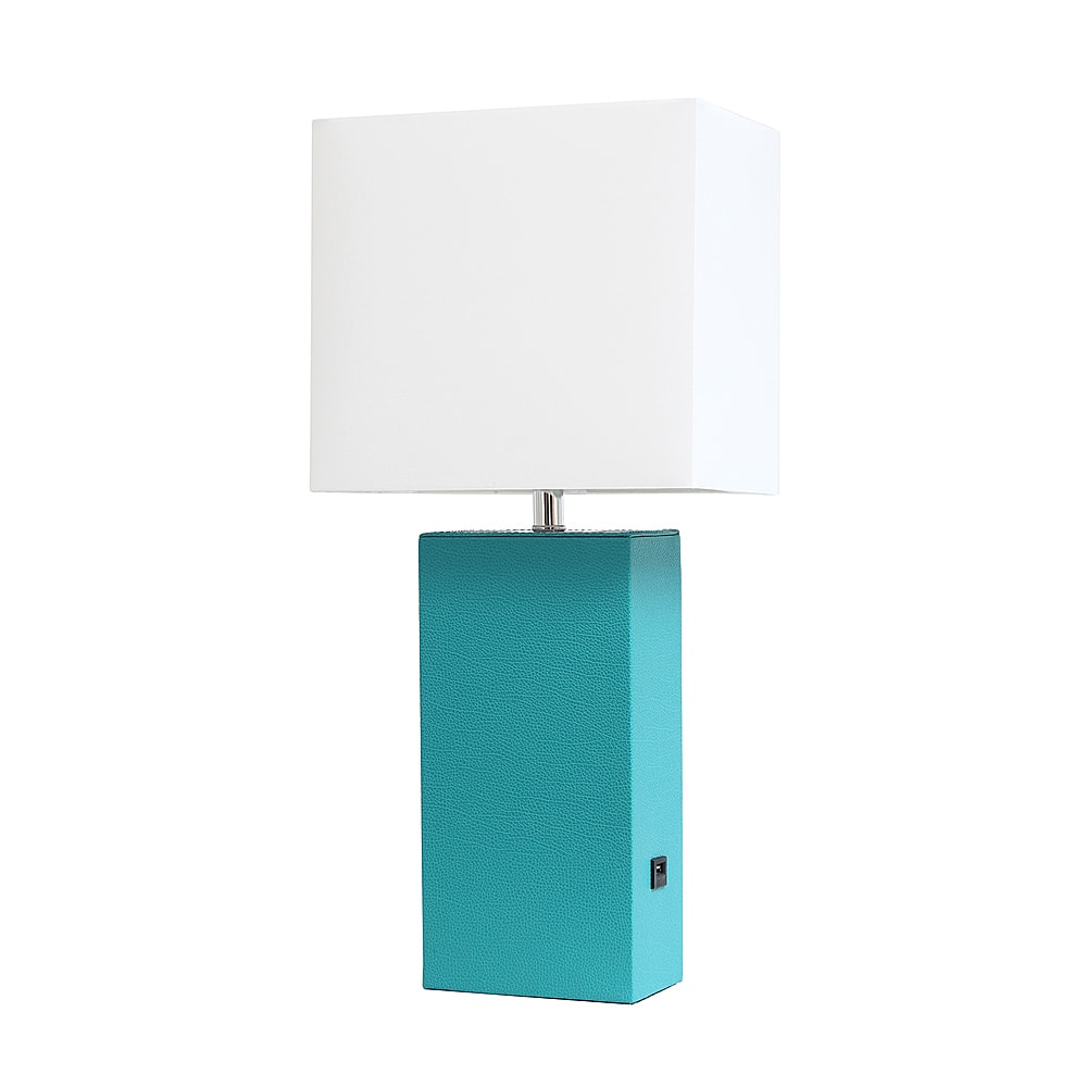 Angle. Elegant Designs - Modern Leather Table Lamp with USB and White Fabric Shade - Teal.