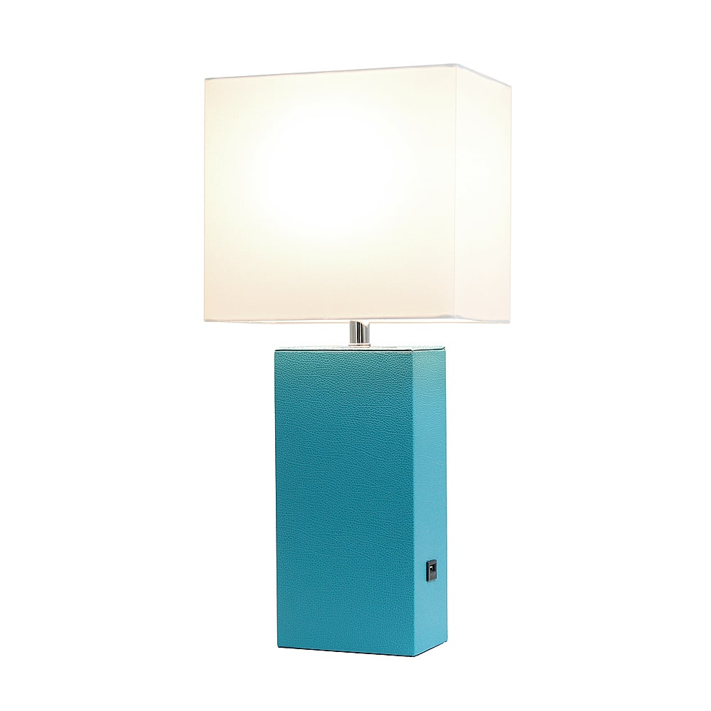 Elegant Designs - Modern Leather Table Lamp with USB and White Fabric Shade - Teal - Front_Zoom