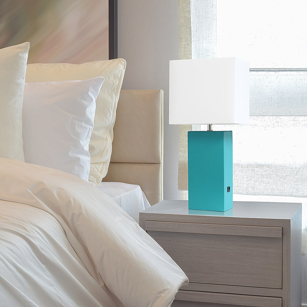 Left. Elegant Designs - Modern Leather Table Lamp with USB and White Fabric Shade - Teal.