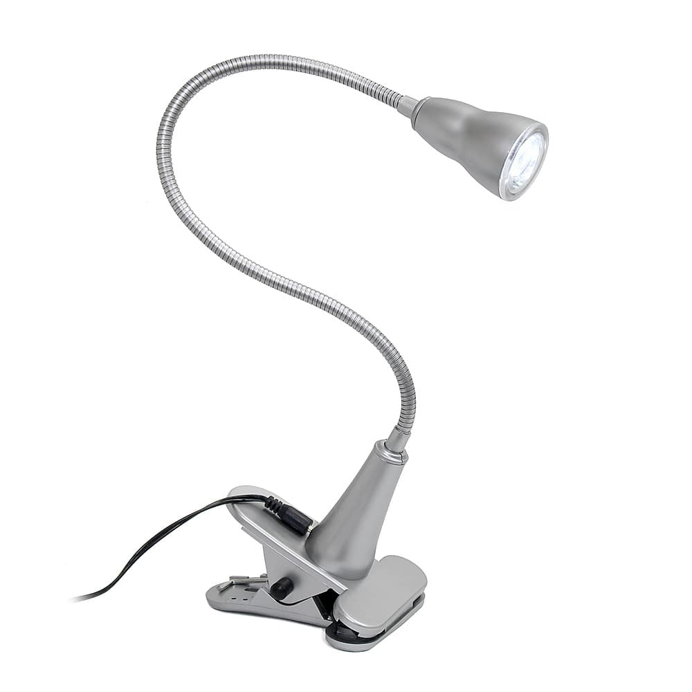 Front. Simple Designs - 1W LED Gooseneck Clip Light Desk Lamp - Silver.