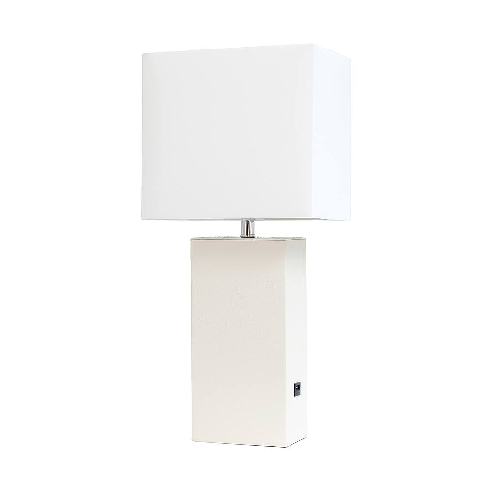 Angle Zoom. Elegant Designs - Modern Leather Table Lamp with USB and Fabric Shade - White.