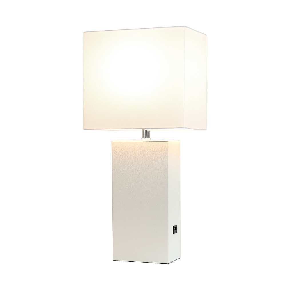 Front. Elegant Designs - Modern Leather Table Lamp with USB and Fabric Shade - White.