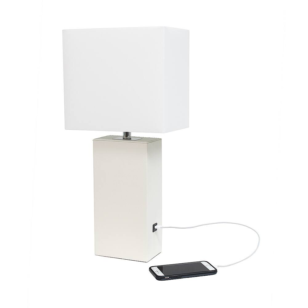 Alt View 12. Elegant Designs - Modern Leather Table Lamp with USB and Fabric Shade - White.