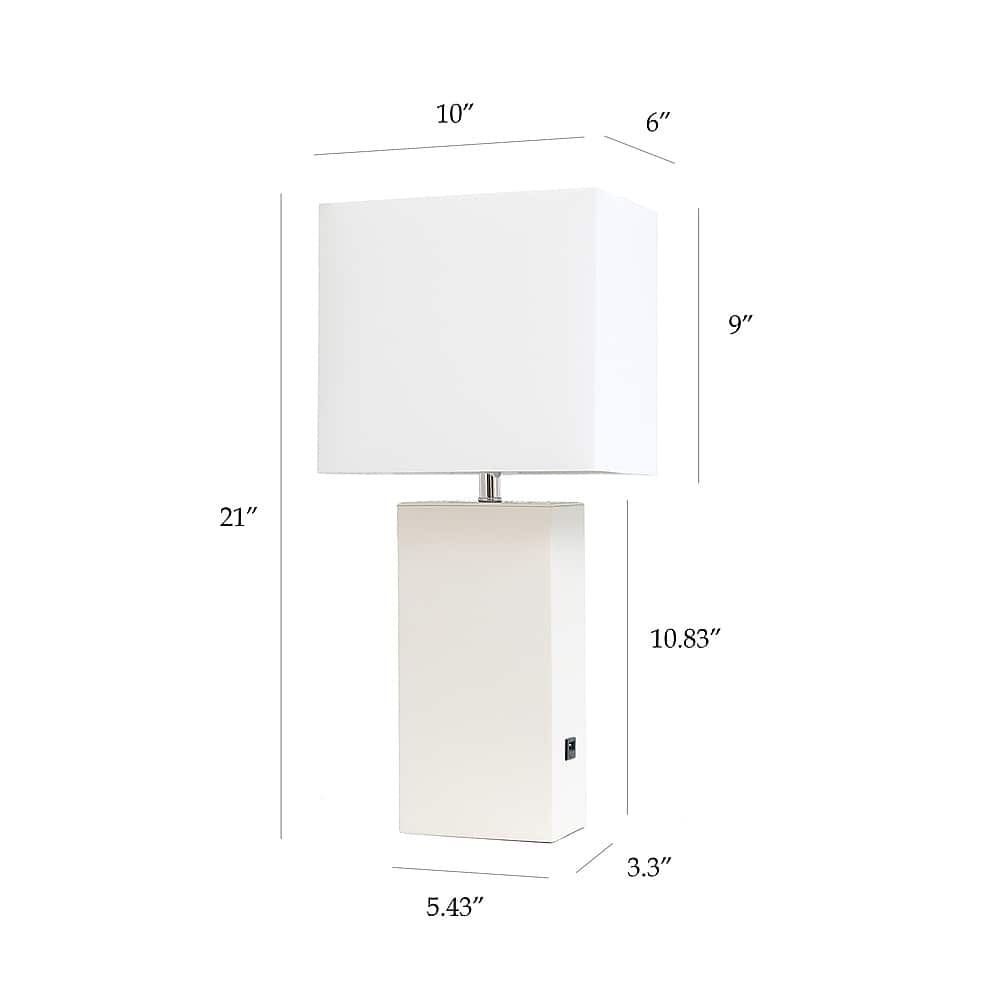 Left View: Elegant Designs - Modern Leather Table Lamp with USB and White Fabric Shade - White